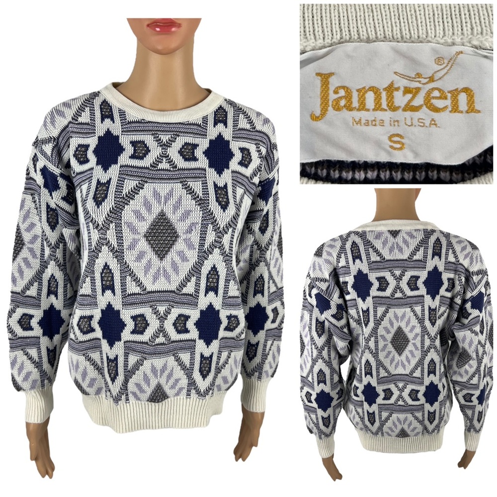 Vintage Jantzen Womens Medium Acrylic Sweater 80s Multicolor Geometric Crewneck